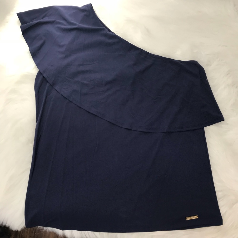 Michael Kors One Shoulder True Navy Gold Logo Top